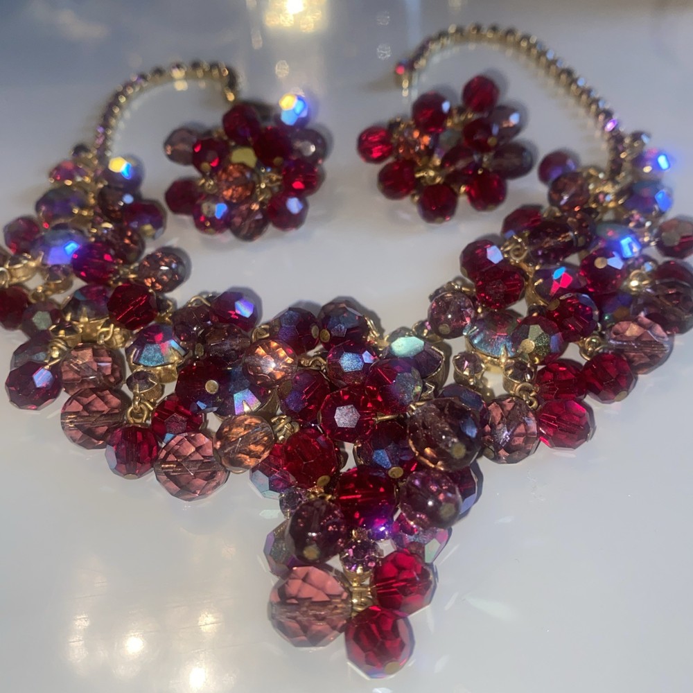 Gorgeous Vtg Juliana D&E Red Purple Rhinestone Bead Necklace Earring Set