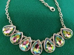 Multicolor Glass Tear Drop Contemporary Statement Necklace Gold Tone