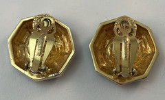 Vintage ST JOHN Logo Gold Tone Black Octagon Clip On Earrings 1″