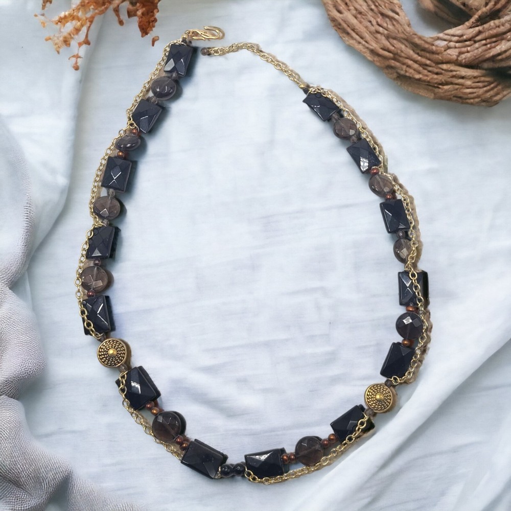 Barse Designer Necklace Gold Tone Onyx Smokey Quartz Brown Pearl 25.25in