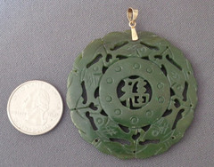 Vintage Big Asian Pendant Carved Deep Green Stone Character & Fish 10K Gold Bale
