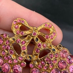 Vintage Pot Metal Rhinestone Brooch Pink Grapes Flowers Bow Gold Tone READ