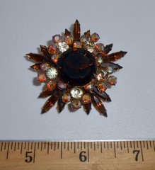 Vintage Brown AB & Clear Glass Rhinestone Layered Starburst Brooch Pin CJ83