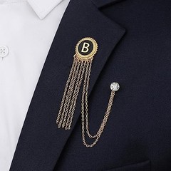Gold and Silver Tone Initial Chain Brooch Laple Pin for Men Suits, Metal Gold-B