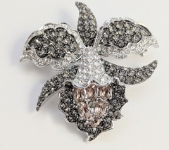 Nolan Miller Signed Orchid Flower Crystal Brooch Pink Clear Smoky Gray In Box