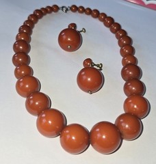 Antique BAKELITE NECKLACE Tapered Beads w RARE MATCHING EARINGS 3 pc Red Orange