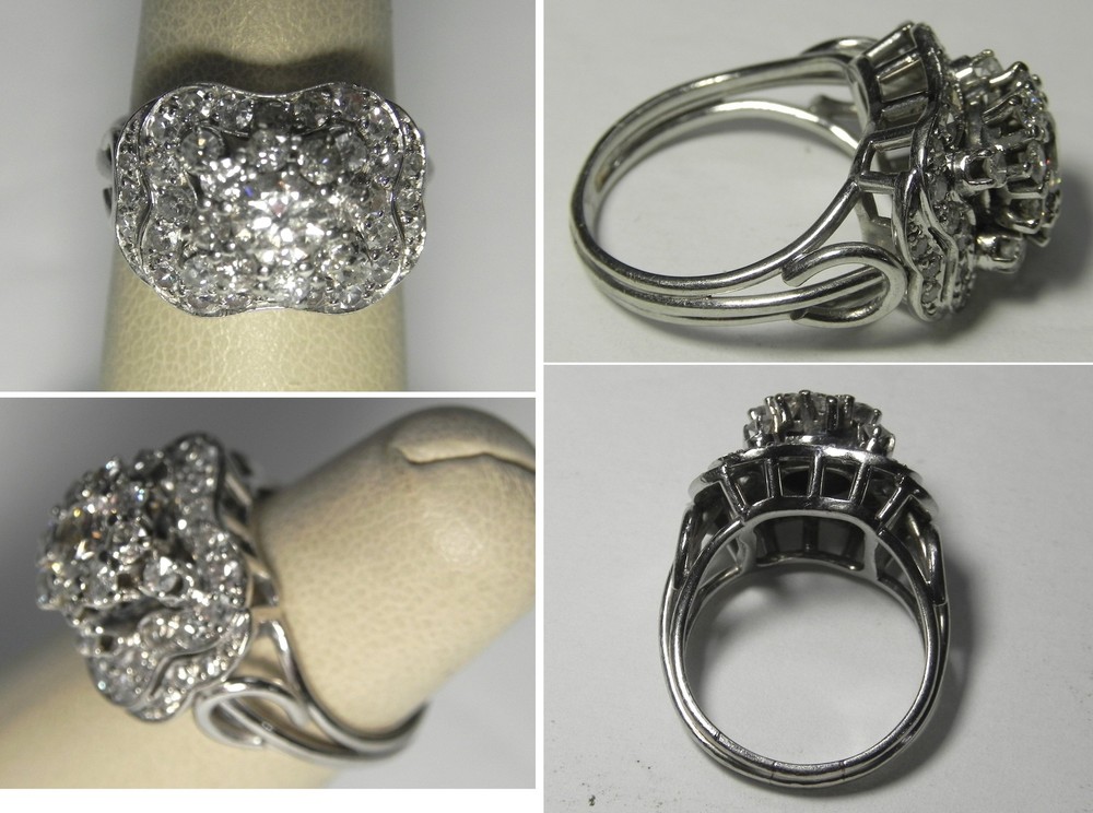 V282 Vintage Solid 18K White Gold 1.50ctw Diamond Cluster Ring, Sz 5.50