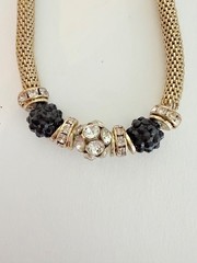 VCLM Gold Tone Mesh Necklace Black Crystal Rhinestone Statement Necklace
