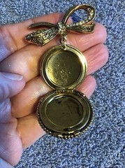 Vtg LOCKET Brooch JEWELED bow PHOTO HOLDER Etched Dangle Lot C
