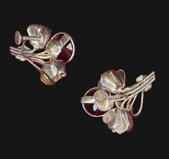 Rare Hobe Sterling 925 Ribbon Spray Earrings Brooch Ring Set Ruby Crystals w/Box