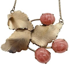 Vintage JJJ Gold-Filled Pink Rhodochrosite Gemstone Leaf Necklace Mid Century