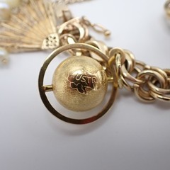 Estate Solid 14K Gold Heavy 74.85g Charm Bracelet Vtg Travel Globe w/Gemstones