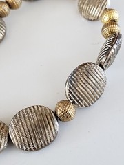 Vintage Oval Ribbed Flat Bead Frosted Silver & Gold Tone Necklace Sterling Clasp