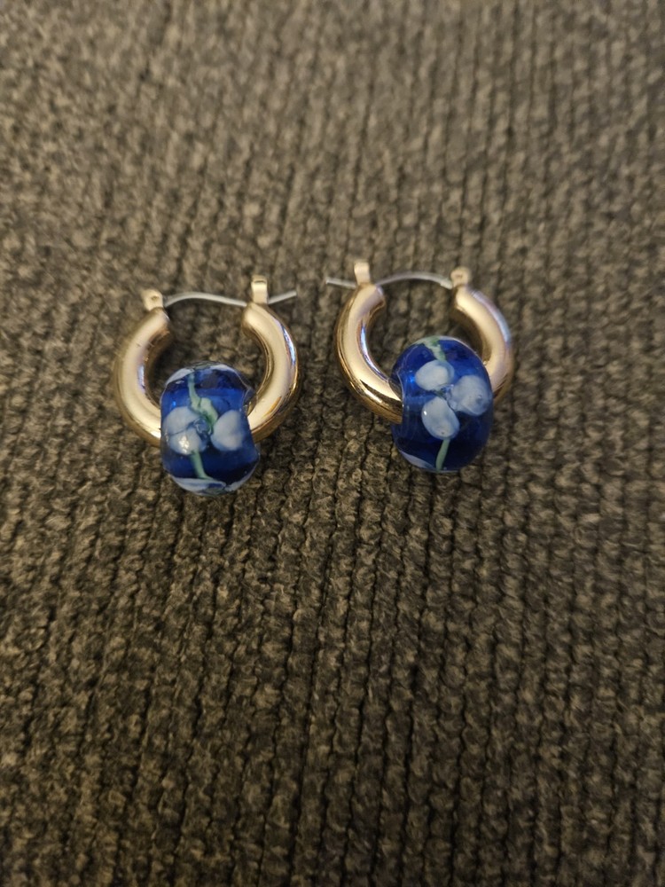Cobalt Gold White Swirl Design Vintage Fashion Hoop Earrings Boho Chic New RARE!