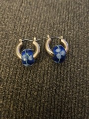 Cobalt Gold White Swirl Design Vintage Fashion Hoop Earrings Boho Chic New RARE!