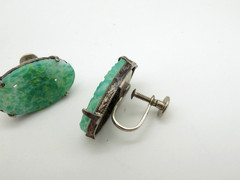 Vintage Art Deco Faux Jade Molded Glass Screwback Earrings Peking Dragon