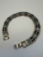 Blue Rhinestone Dark Blue Beaded Link Lattice Work Bracelet Silver Tone Vintage