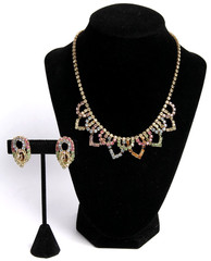 Vintage Multicolor Rhinestone Climber Clip On Earrings & Choker Necklace Set