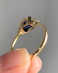 Art Deco Emerald Cut Sapphire & Lab Created Diamond Wedding 14K Gold Finish Ring