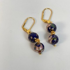 Vintage Cloisonne Drop Earrings Blue Floral Boho Cottagecore Whimsygoth Jewelry