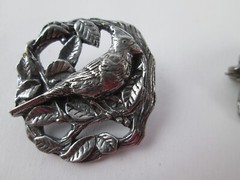 Vintage Pewter Brooches – Lot of 3 Birds and Blooms Bird Flower Chair