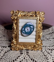 Oval Floral Cameo-Style Brooch Pin, Blue & White Cabochon, Silver Tone