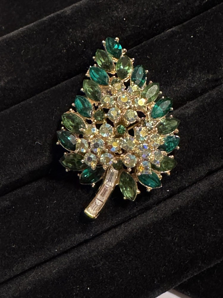 Trifari Green, White And Green AB Rhinestone Floral Leaf Brooch, Signed