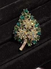 Trifari Green, White And Green AB Rhinestone Floral Leaf Brooch, Signed