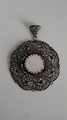 Vintage Mother of Pearl Silvertone Filigree Open work Round Pendant
