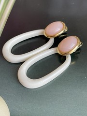 Vintage Signed Trifari White Lucite Pink Cabochon Dangle Clip On Gold Tone