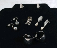 Vintage Earring Lo9t 5 Pair Silver Tone Studs Wide Hoops Dangle Beads Faux Pearl