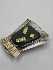 Gold 925 Sterling Silver Brooch Pin 18K Gold Sucherman Modern Art Deco Glass