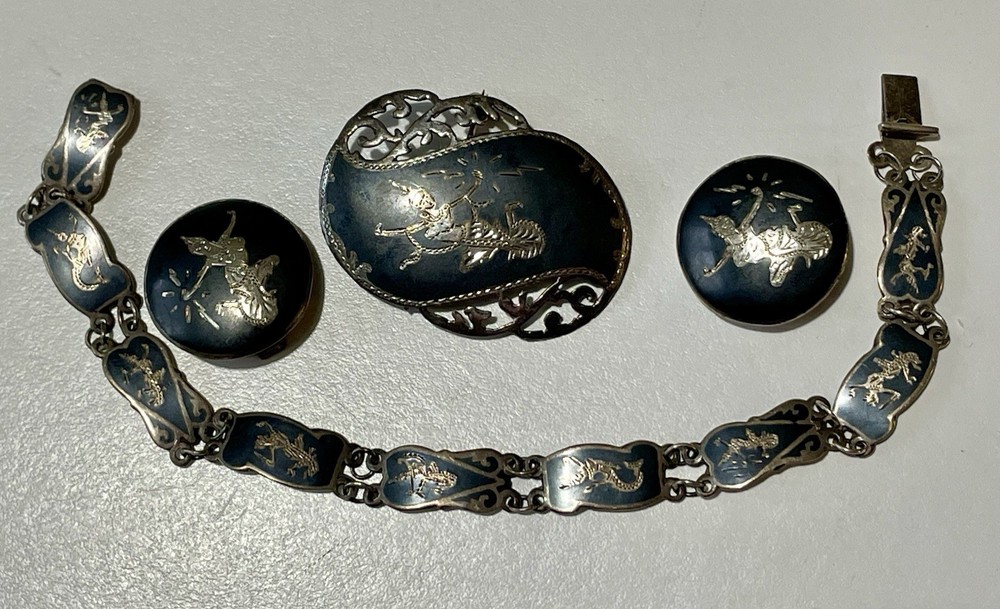 Vtg 1950s Siam Sterling Silver Niello Jewelry Set Bracelet Brooch Earrings Thai