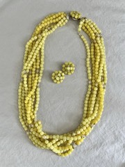 Hong Kong Yellow Beaded Necklace and Clip On Earrings Set Seven Strand Necklace