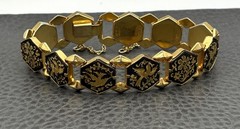 Vintage Damascene Gold Plated Hexagon Black Enamel Phoenix Bird Bracelet 7.25”