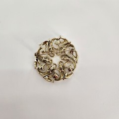 Vintage JS Goldtone Faux Pearls Rhinestones Round Shape Pin Brooch