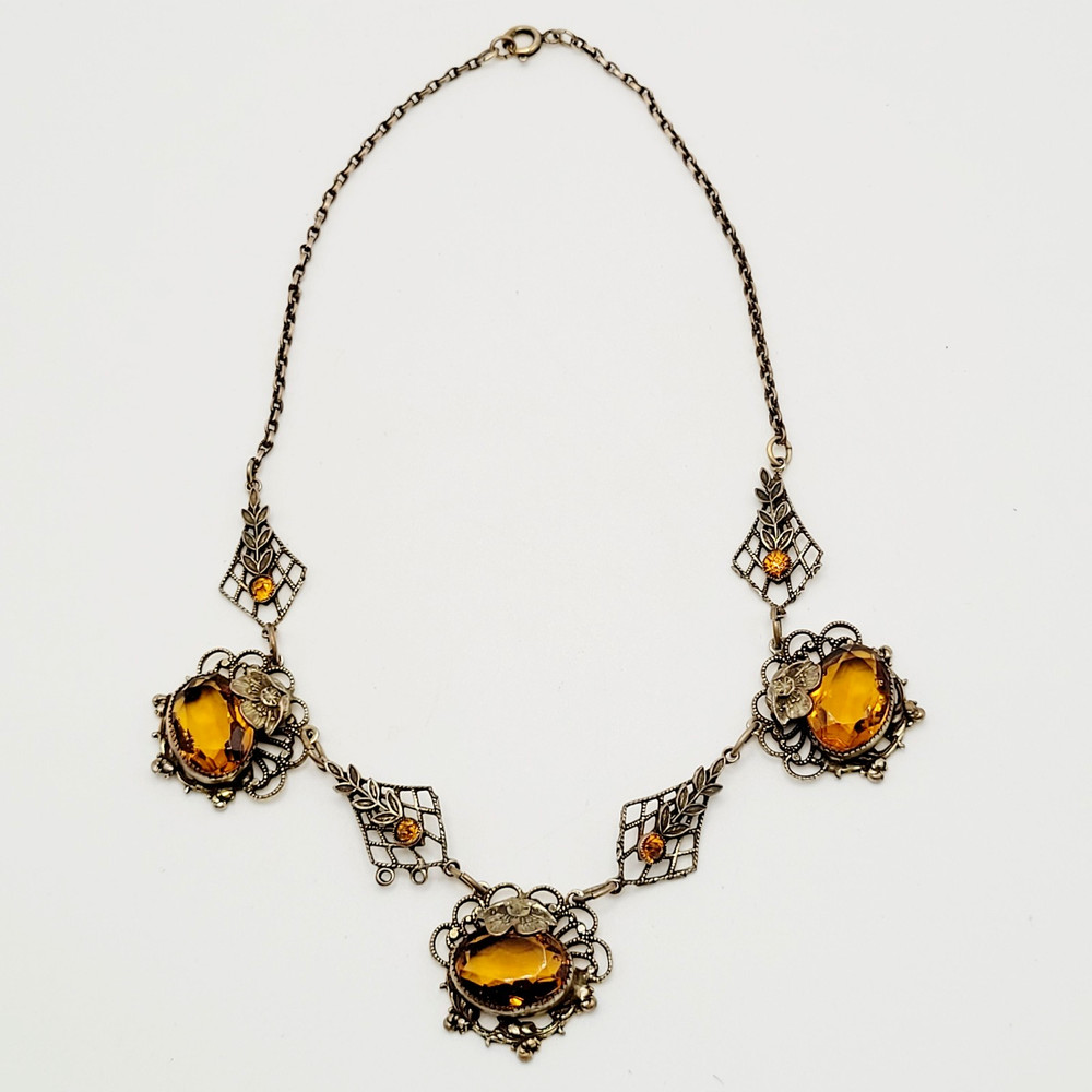 Czech Glass Art Nouveau Deco Flower Motif Brass Festoon Bib Amber Citrine 15 In