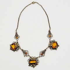 Czech Glass Art Nouveau Deco Flower Motif Brass Festoon Bib Amber Citrine 15 In