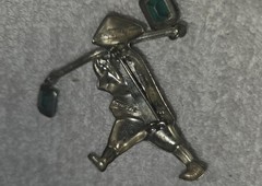 Vintage Asian Water Carrier Figural Brooch Silver Tone Green Glass Dangle Stones