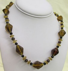 Vintage Art Glass Beaded Necklace Root Beer Brown & Black with Swirl Spacers