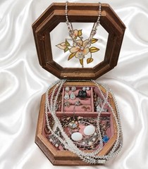 Small Vintage Wood And Glass Jewelry Box With Jewelry Lot Wearable Nice!!