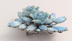 Vtg Sky Blue Glass Rhinestone AB Rose flower Lucite 3D Brooch Riveted