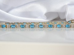 Vintage Gold on Sterling Silver 925 Teal Blue Gemstone Tennis Bracelet 8″