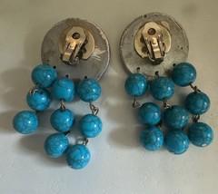 Vintage Boho Silver Tone Textured Disc Faux Turquoise Dangle Earrings