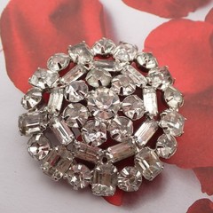 Vintage Round Baguette Clear Rhinestone Silver Tone Cluster Pin Brooch