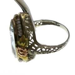 14k Solid White Gold Yellow & Rose Accented Aquamarine Pearl Filigree Ring Sz 5