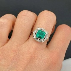 Colombian Green 3Ct Lab Created Emerald Old Mine Cut 14K White Gold Finish Ring