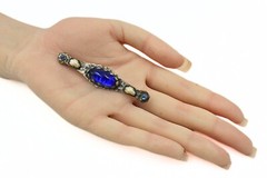 Lovely Antique Arts & Crafts Cobalt Blue Cabochon Brass Pin