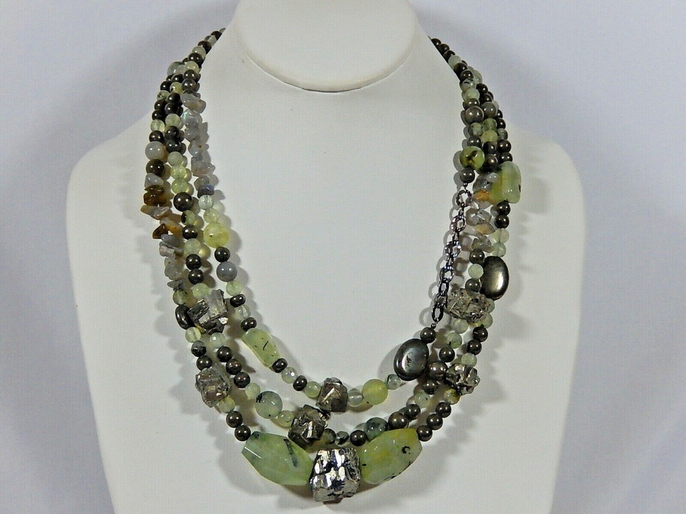 MASSIVE VTG STERLING SILVER RARE 3 STRAND NATURAL PREHNITE AND PYRITE NECKLACE