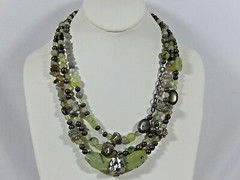 MASSIVE VTG STERLING SILVER RARE 3 STRAND NATURAL PREHNITE AND PYRITE NECKLACE